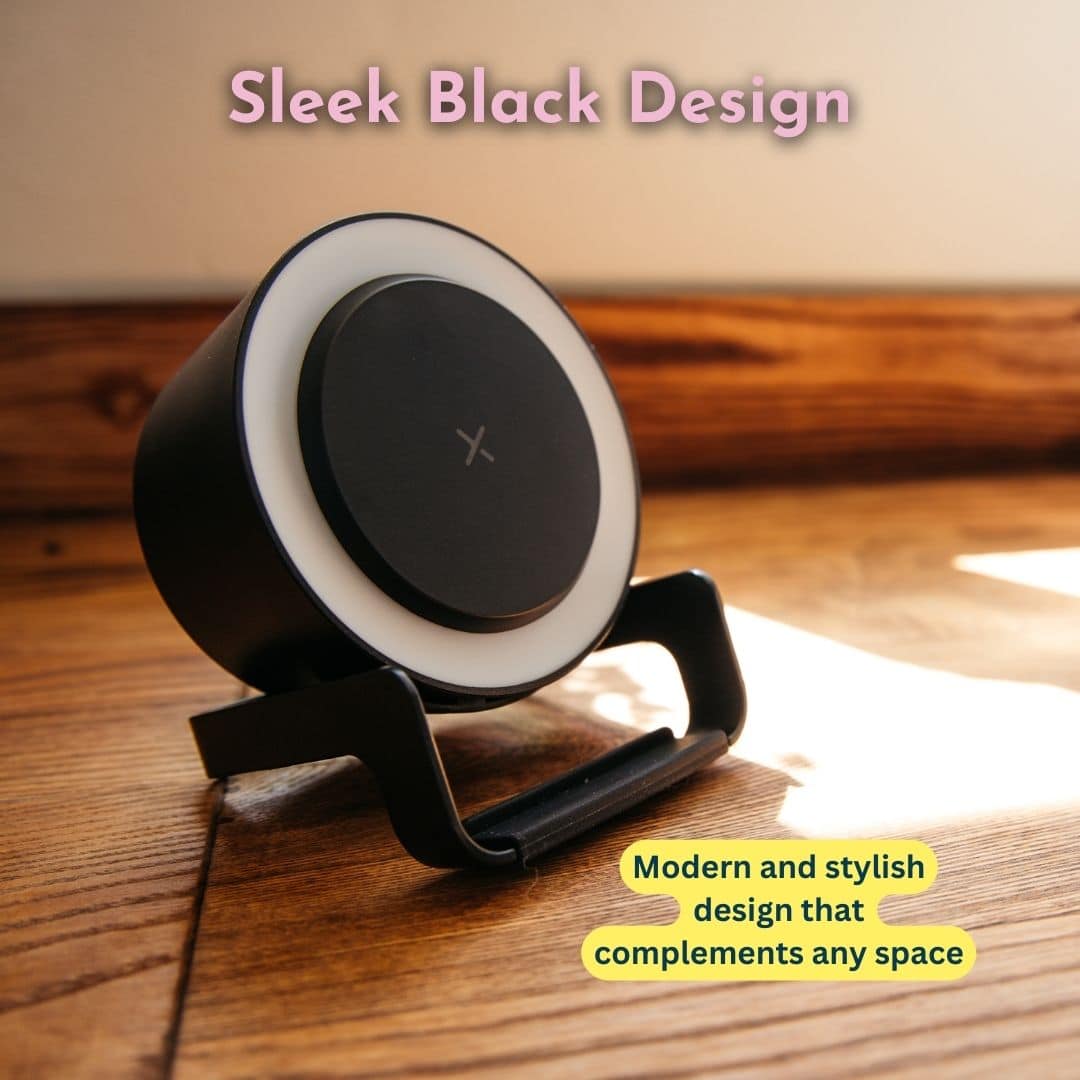 Black Bluetooth Speaker with Phone Charger & LED Touch Light | Plugged-In Power Black Bluetooth Speaker with Phone Charger and LED Touch Light – plugged in.