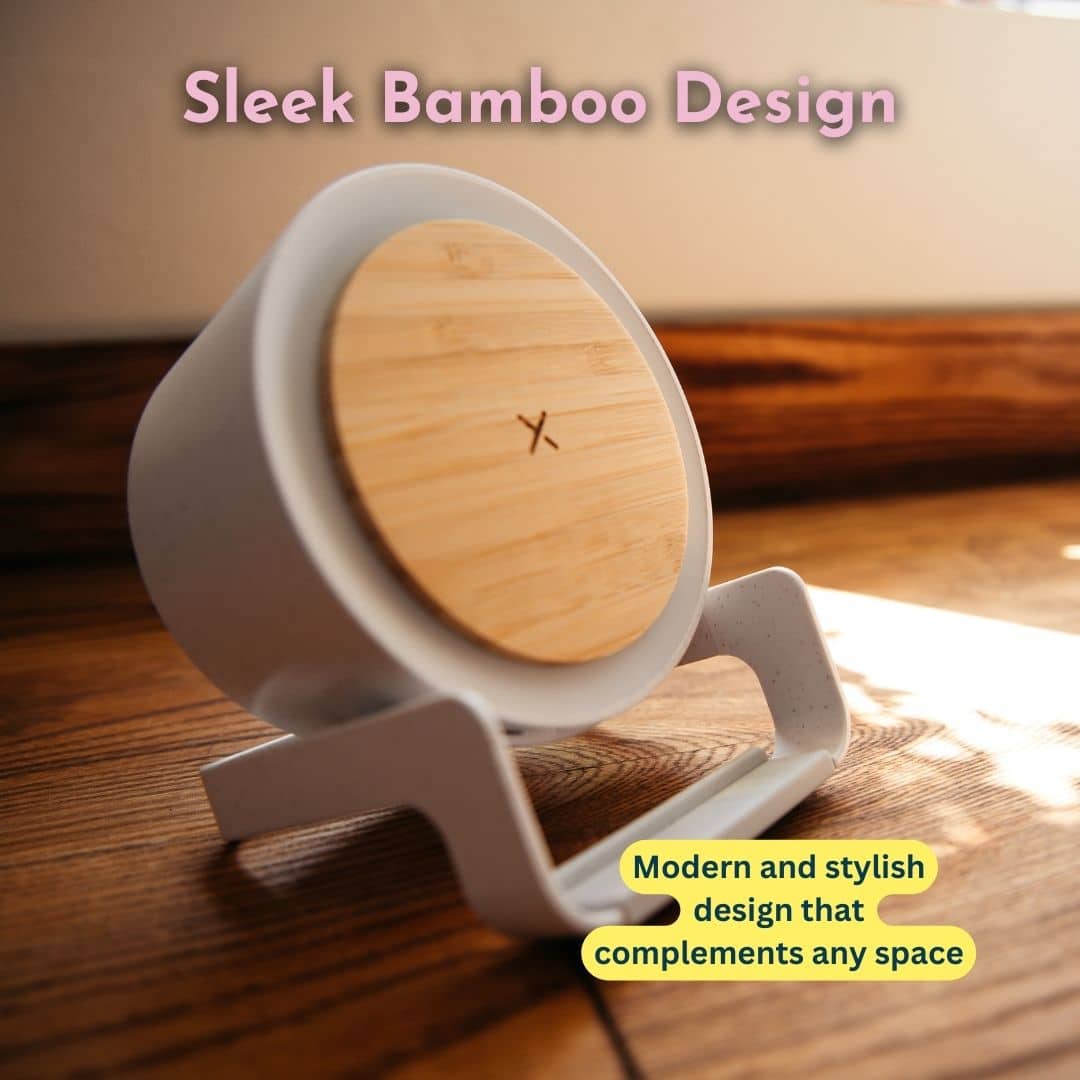 White Bluetooth Speaker with Phone Charger and LED Touch Light – plugged in.