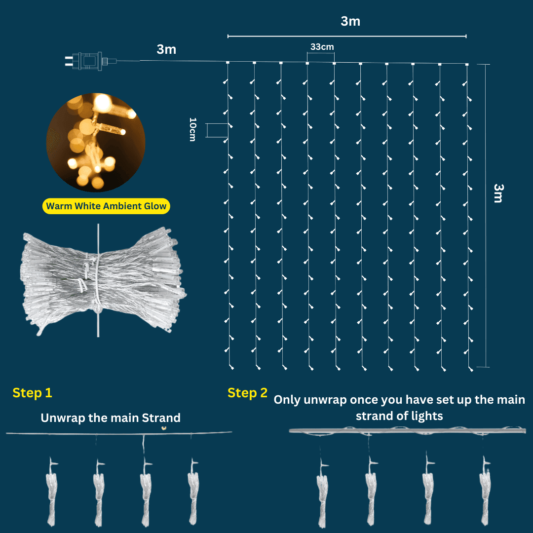 Curtain String Lights - Warm White LED Fairy Lights draped over curtain, creating a cozy atmosphere.