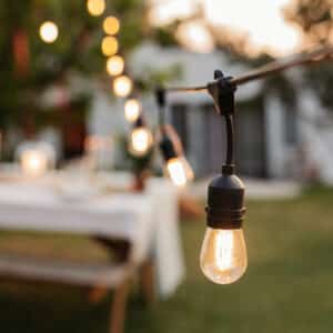 10m 20 LED Festoon Vintage Drop String Lights hanging in an outdoor setting