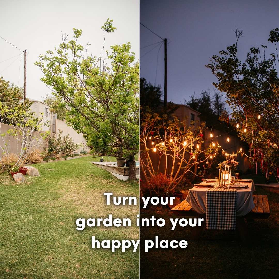 Warm white 10m plug-in festoon string lights by Stellar Lighting hanging over an outdoor dining area in South Africa.