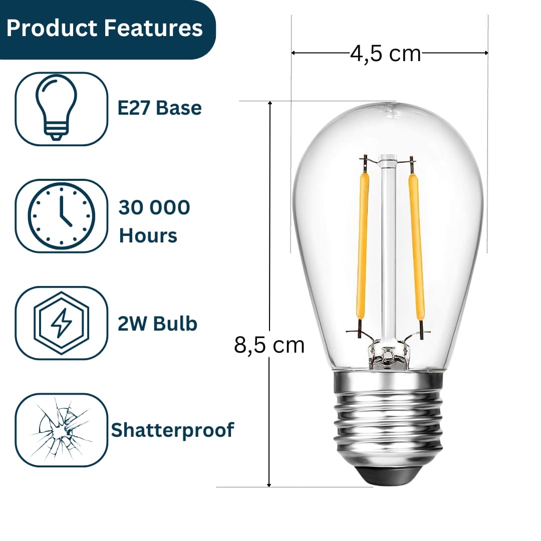 Vintage Edison S14 Warm White LED E27 2W Bulbs 6 Pack