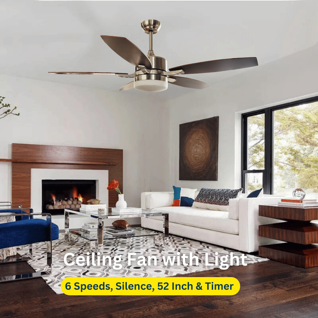 52-inch ceiling fan with light and remote control, featuring brown oak blades.