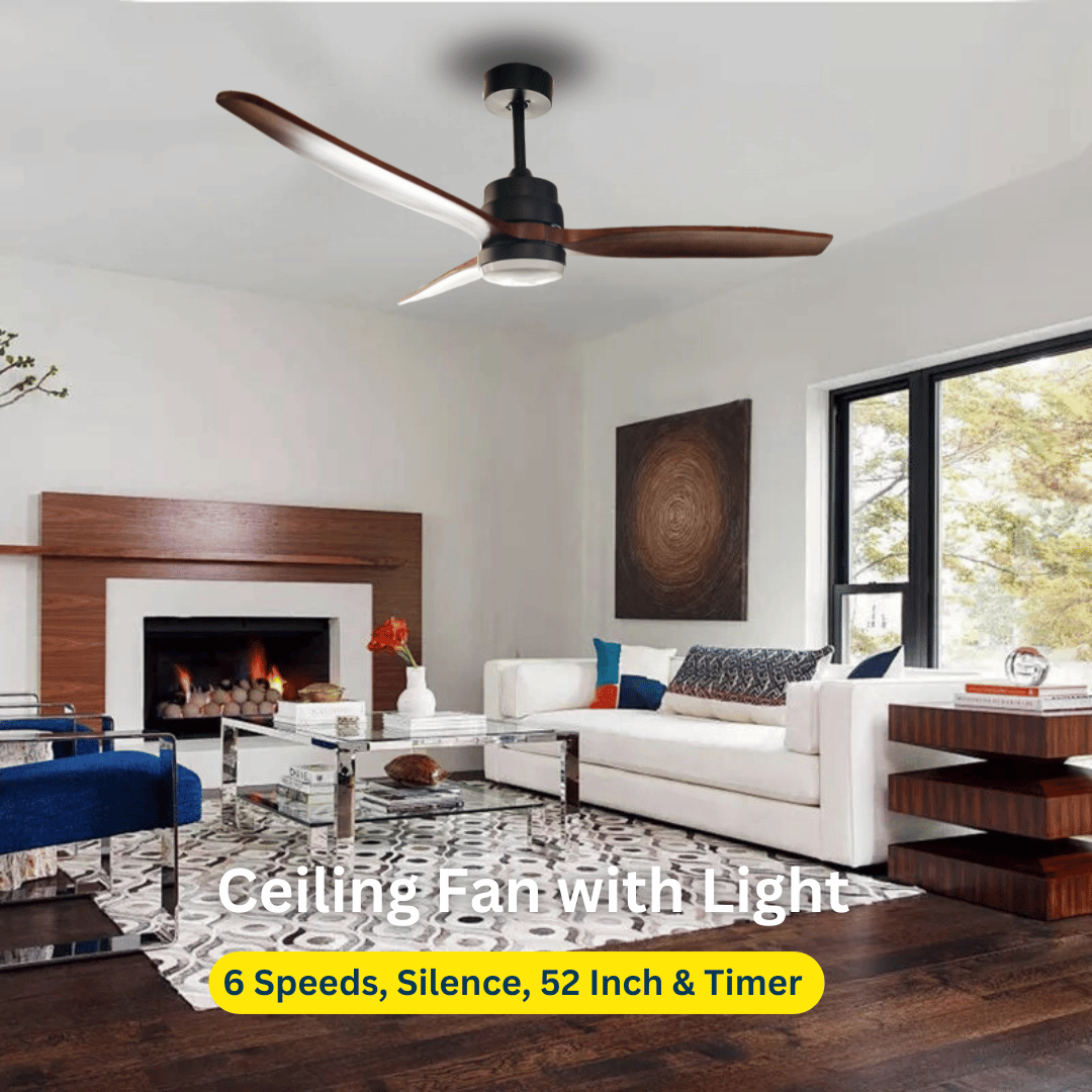 52-inch ceiling fan with light and remote control, featuring three dark brown oak blades.