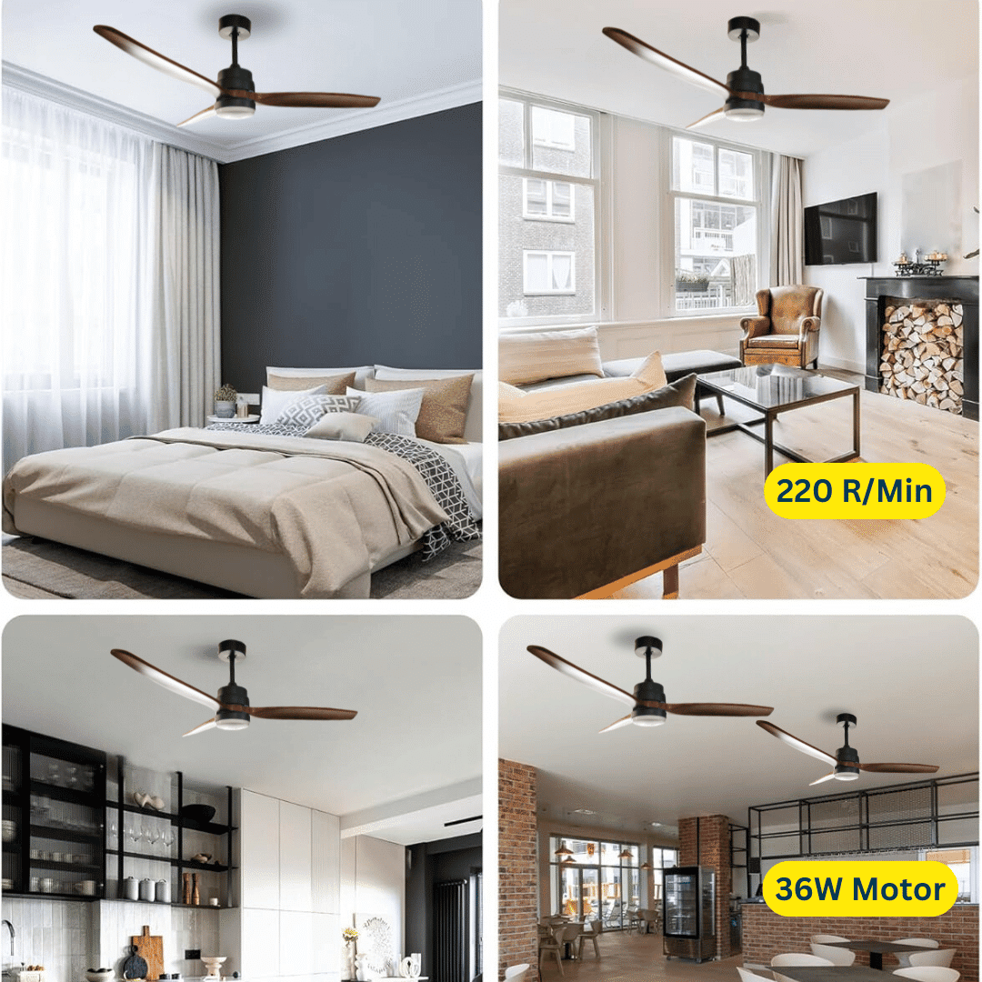 52-inch ceiling fan with light and remote control, featuring three dark brown oak blades.