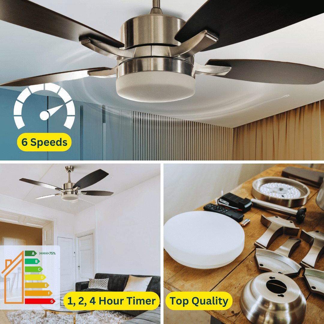 52-inch ceiling fan with light and remote control, featuring brown oak blades.