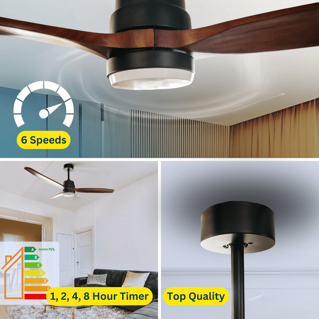 52-inch ceiling fan with light and remote control, featuring three dark brown oak blades.