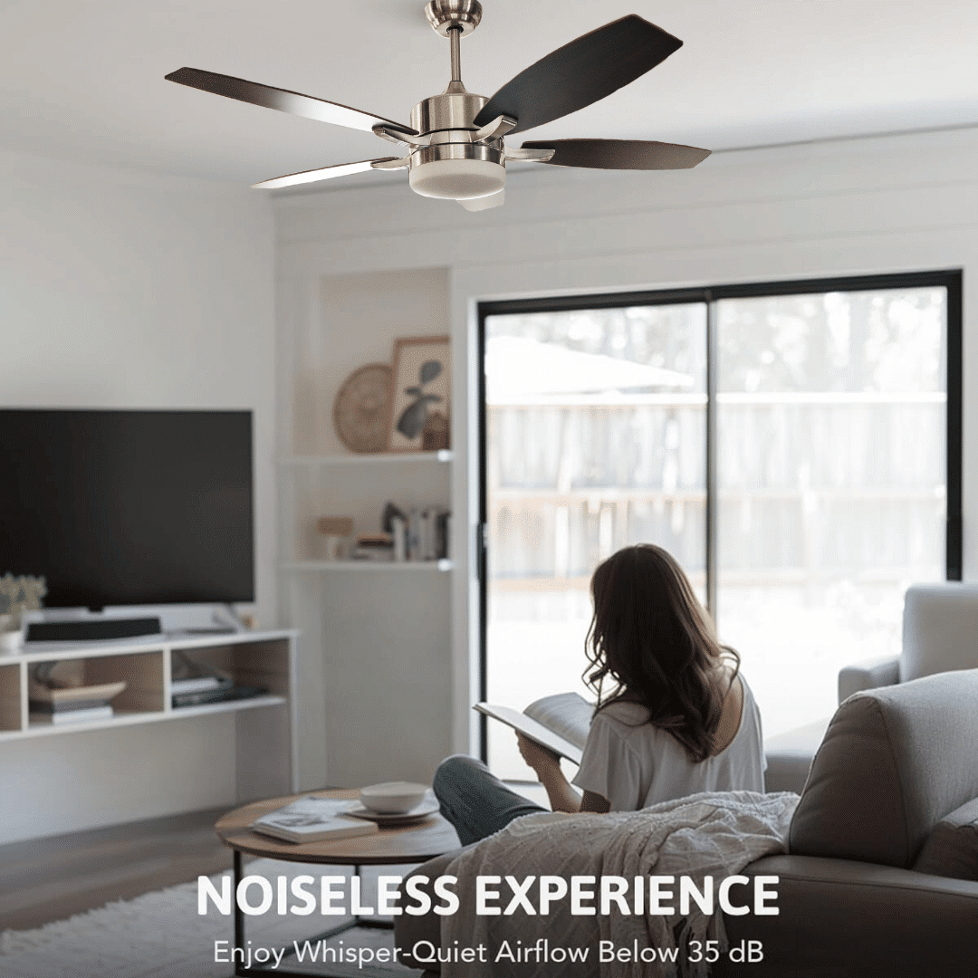 52-inch ceiling fan with light and remote control, featuring brown oak blades.