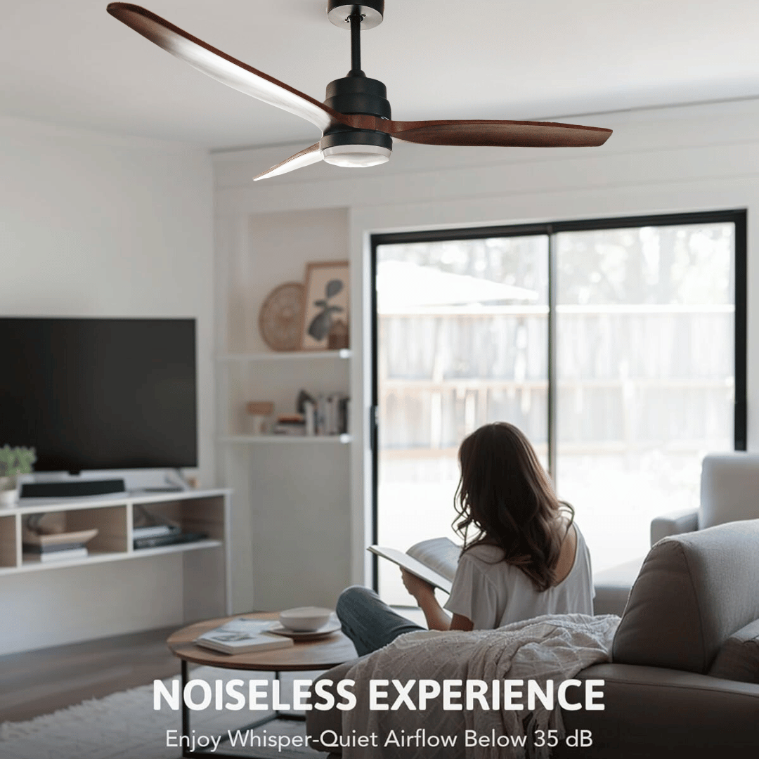 52-inch ceiling fan with light and remote control, featuring three dark brown oak blades.