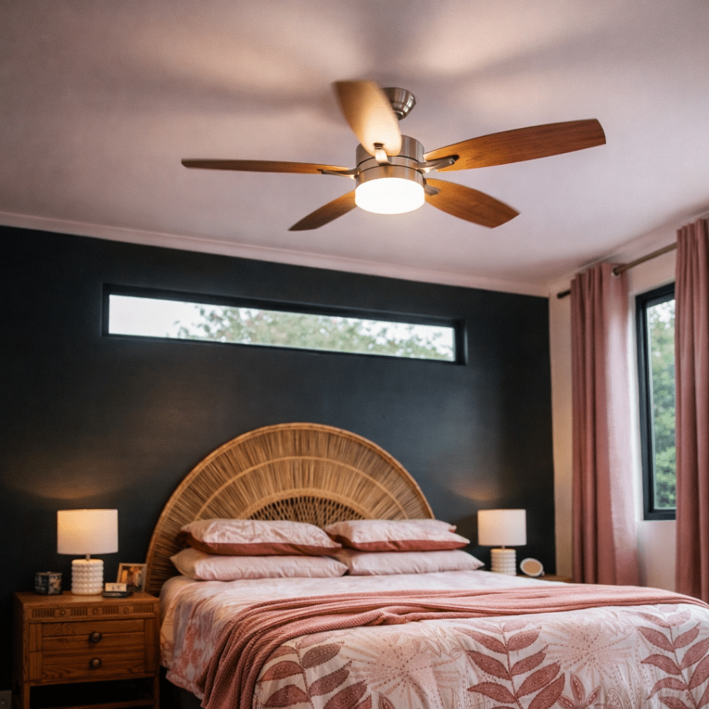 52-inch ceiling fan with light and remote control, featuring brown oak blades.
