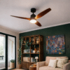 52-inch ceiling fan with light and remote control, featuring three dark brown oak blades.