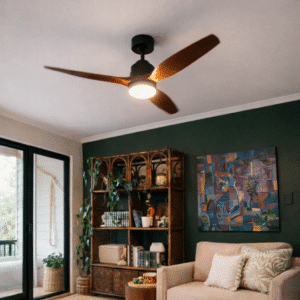 52-inch ceiling fan with light and remote control, featuring three dark brown oak blades.