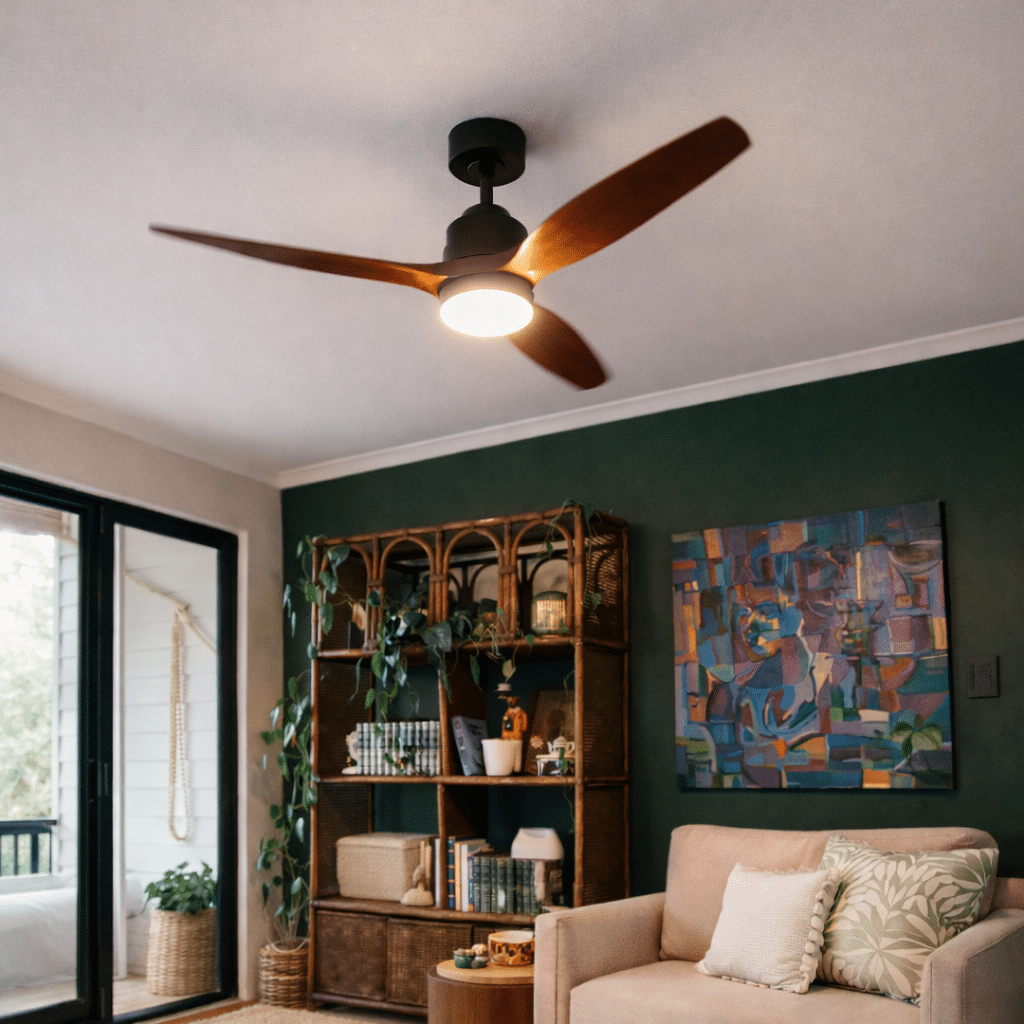 52-inch ceiling fan with light and remote control, featuring three dark brown oak blades.