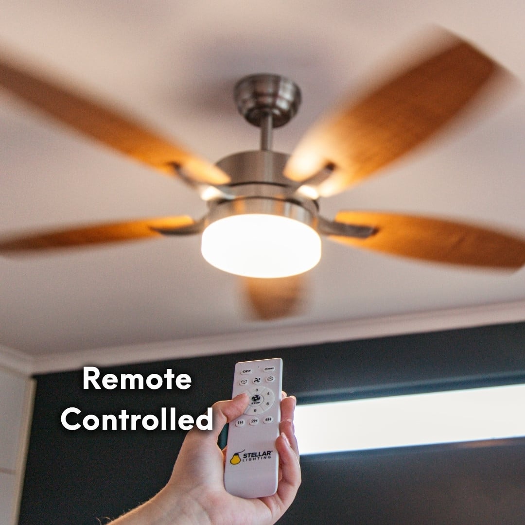 52-inch ceiling fan with light and remote control, featuring brown oak blades.