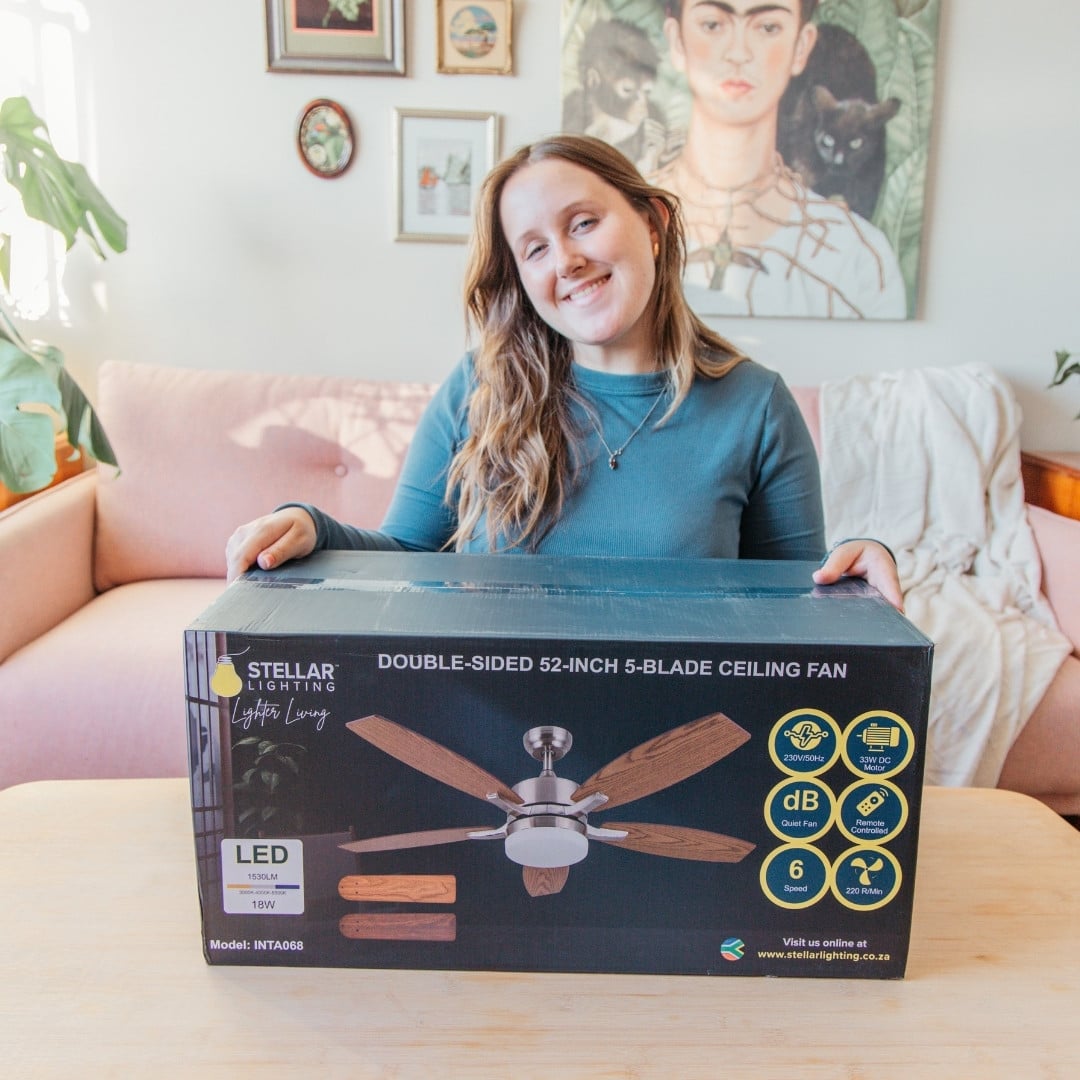 52-inch ceiling fan with light and remote control, featuring brown oak blades.