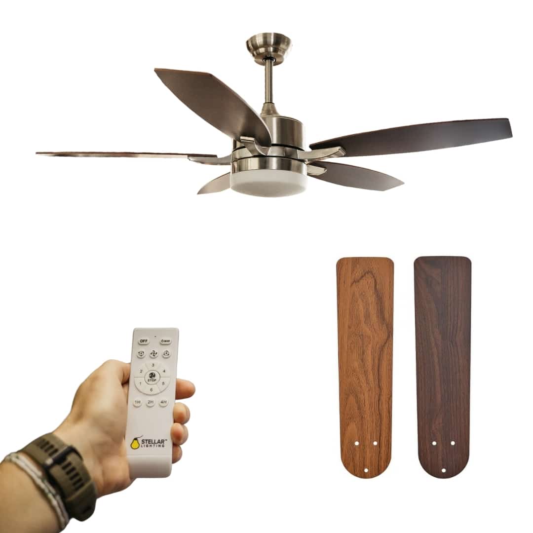 52-inch ceiling fan with light and remote control, featuring brown oak blades.