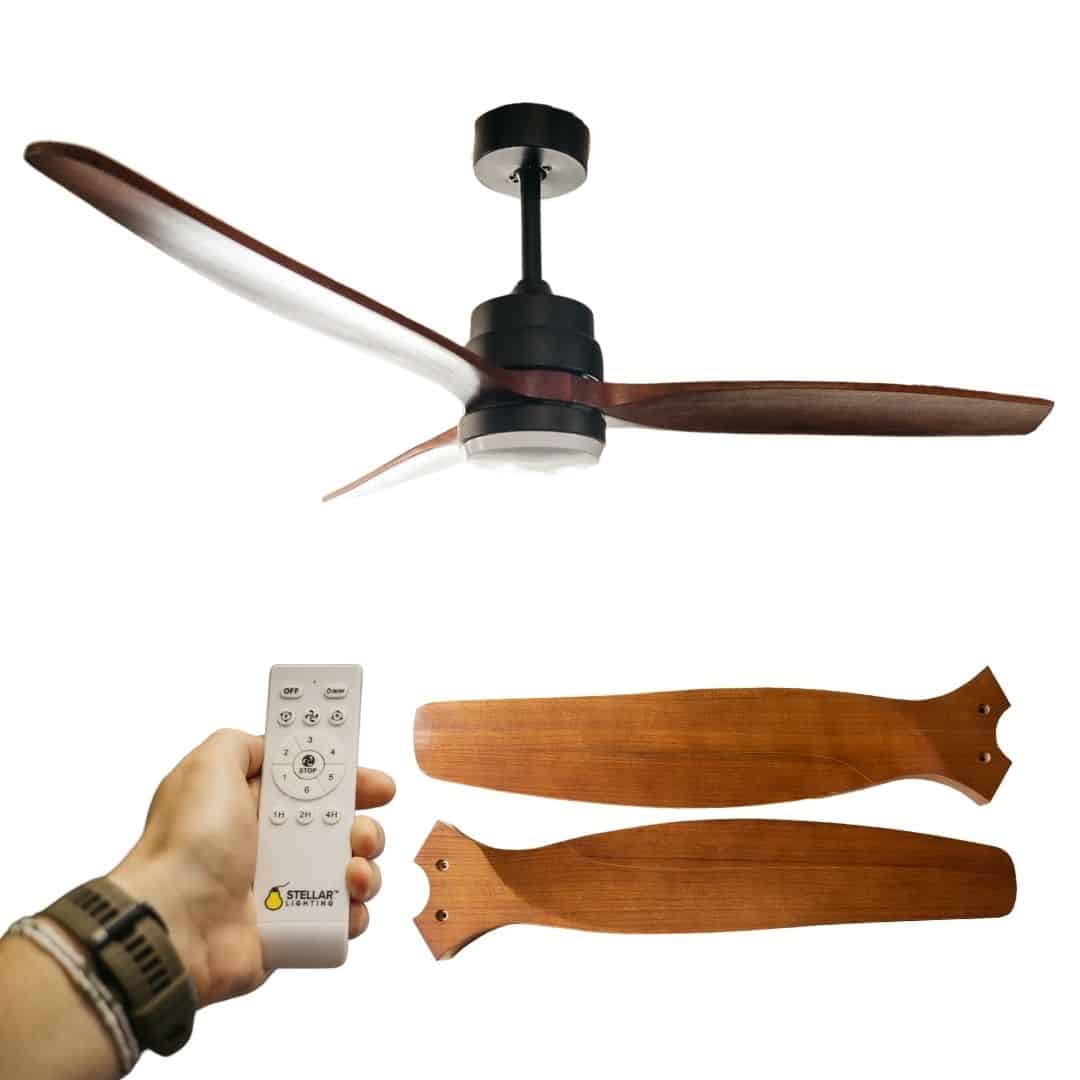 52-inch ceiling fan with light and remote control, featuring three dark brown oak blades.