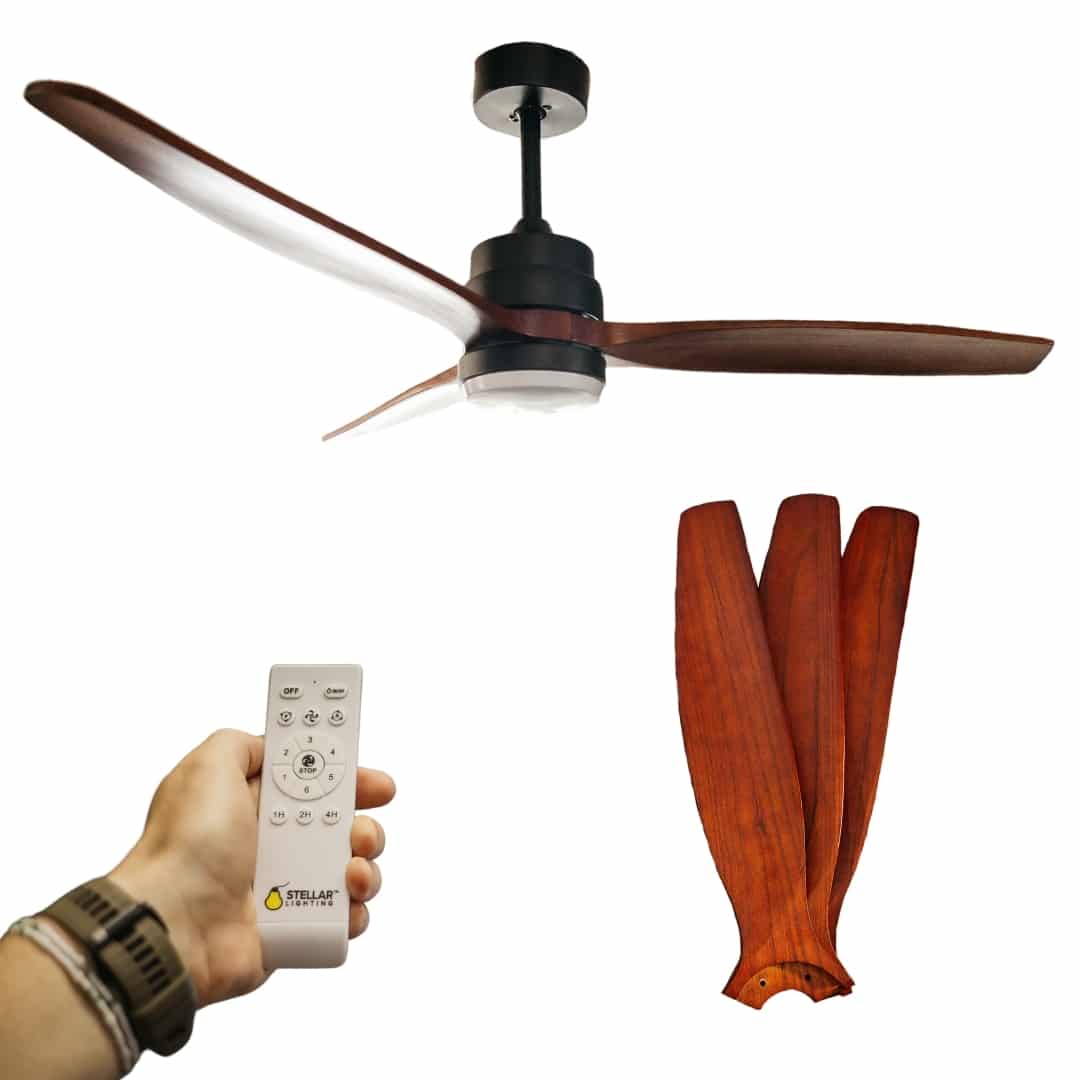 52-inch ceiling fan with light and remote control, featuring three dark brown oak blades.