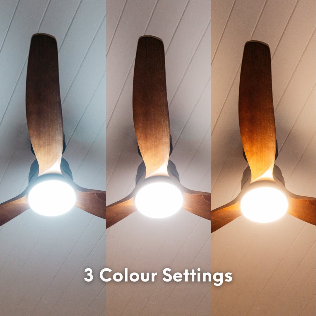 52-inch ceiling fan with light and remote control, featuring three dark brown oak blades.