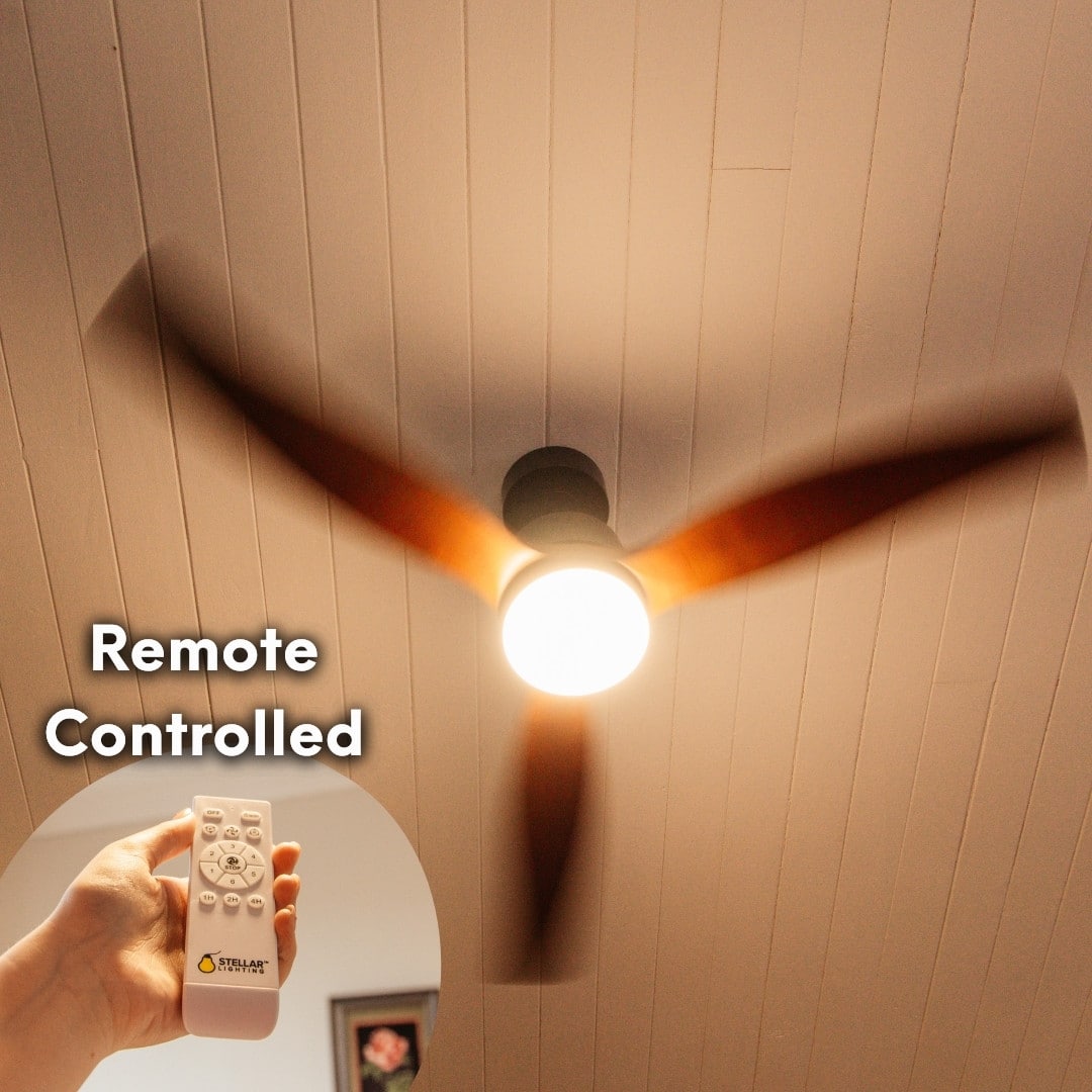 52-inch ceiling fan with light and remote control, featuring three dark brown oak blades.