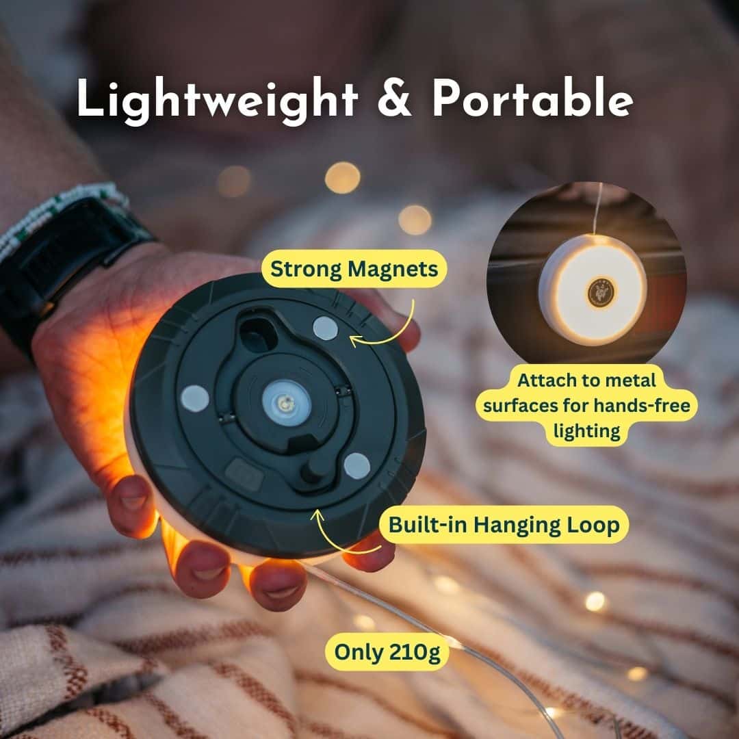 Magnetic camping lantern with a built-in hanging loop for easy setup in tents or outdoor spaces.