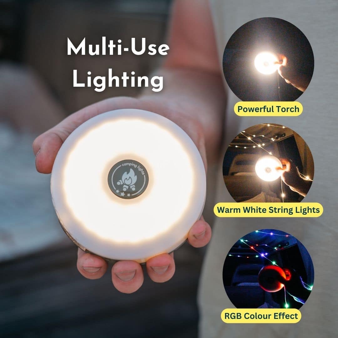 Versatile camping lantern with warm white and RGB string lights, creating a cozy outdoor atmosphere.