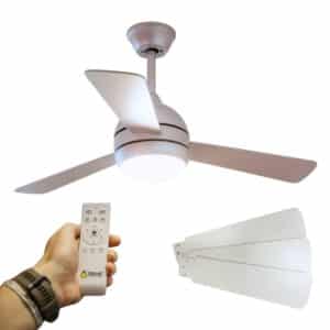 Modern 42-inch ceiling fan with three silver blades, integrated light, and remote control for adjustable speeds and timer settings.