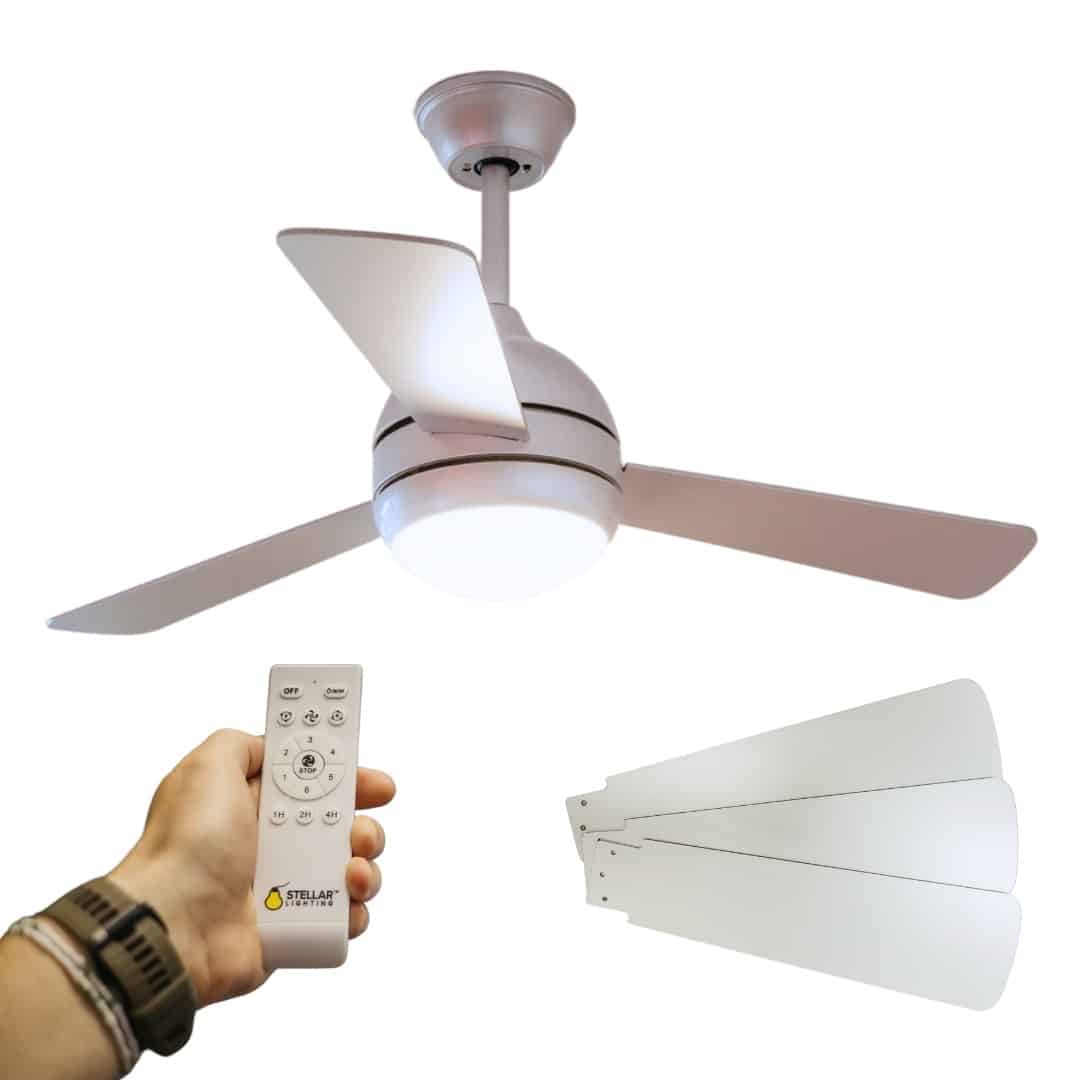 Modern 42-inch ceiling fan with three silver blades, integrated light, and remote control for adjustable speeds and timer settings.