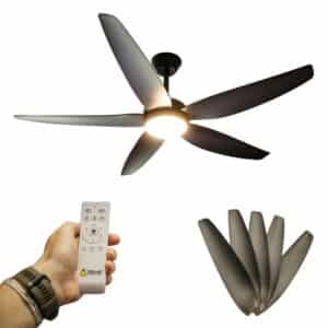 52-inch black ceiling fan with five sleek blades, remote control, and built-in light for efficient cooling and illumination.