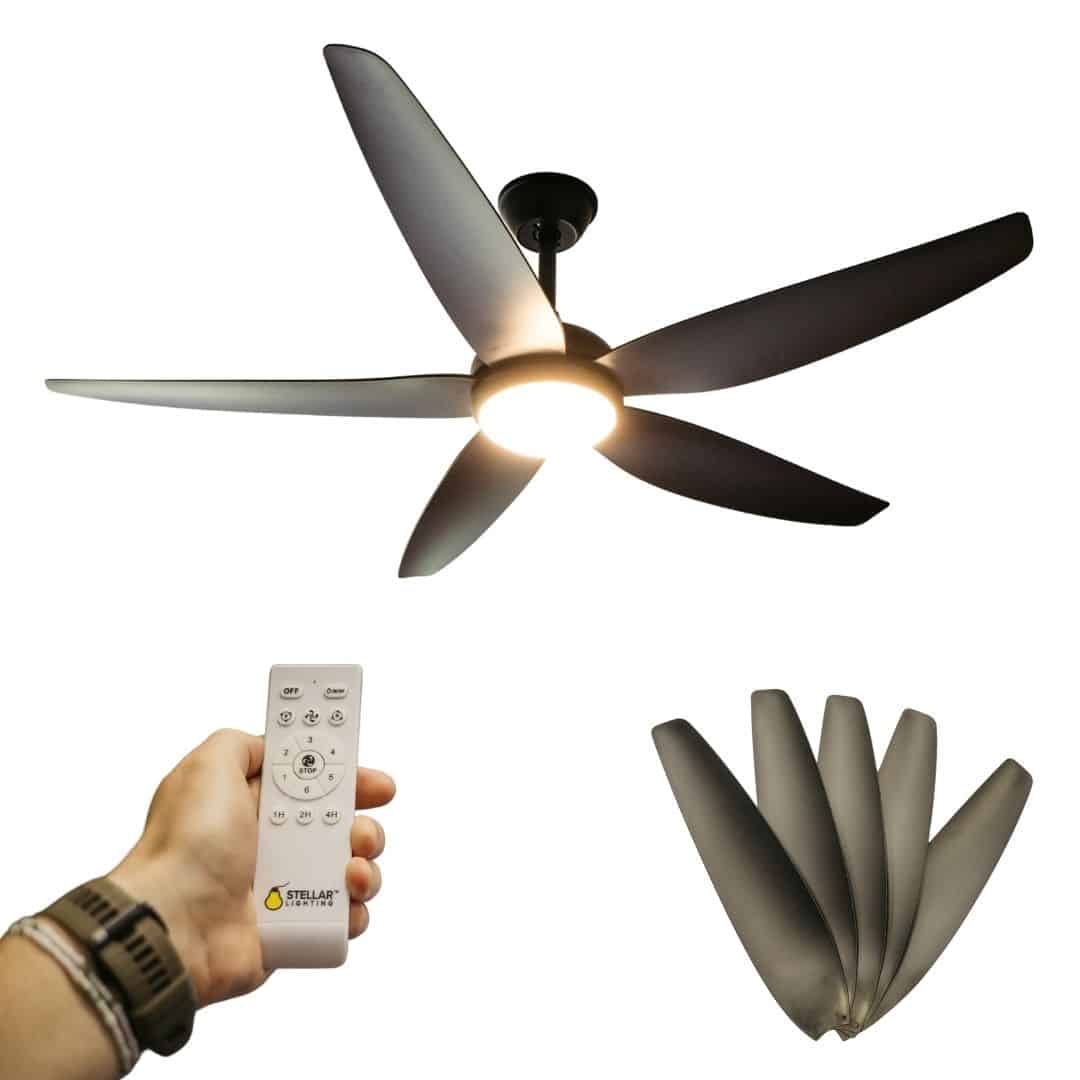 52-inch black ceiling fan with five sleek blades, remote control, and built-in light for efficient cooling and illumination.