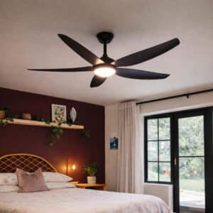 52-inch black ceiling fan with five sleek blades, remote control, and built-in light for efficient cooling and illumination.