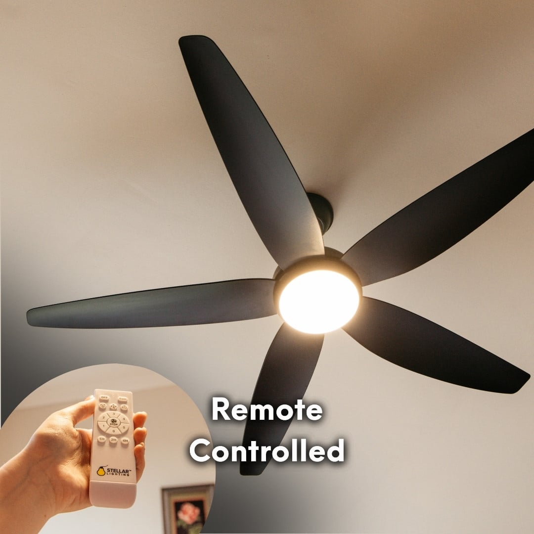 52-inch black ceiling fan with five sleek blades, remote control, and built-in light for efficient cooling and illumination.