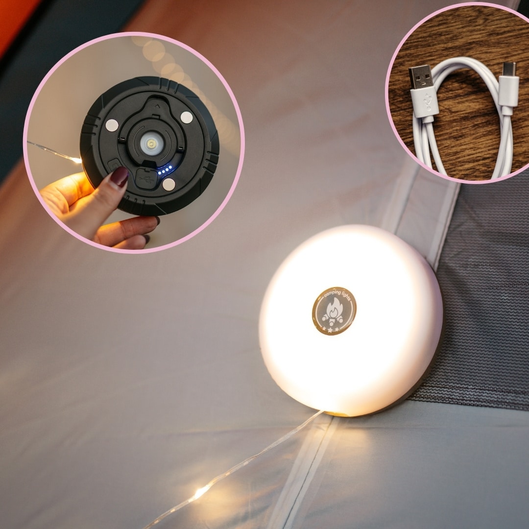 LED camping string light and rechargeable speaker lantern glowing in a cozy outdoor setting.