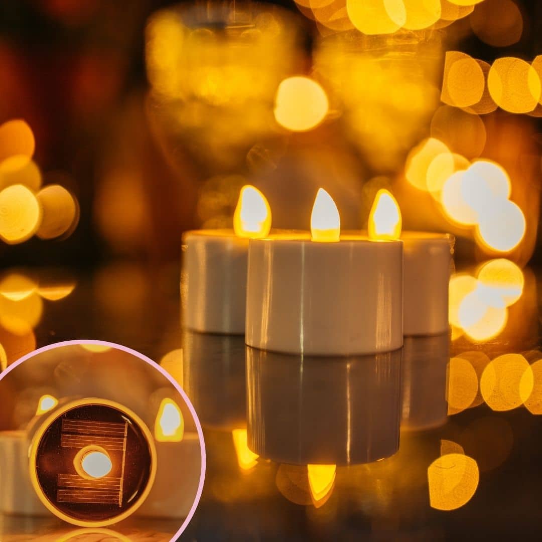 Romantic solar fairy lights, bubble lights, and flickering tea lights glowing under a tree.