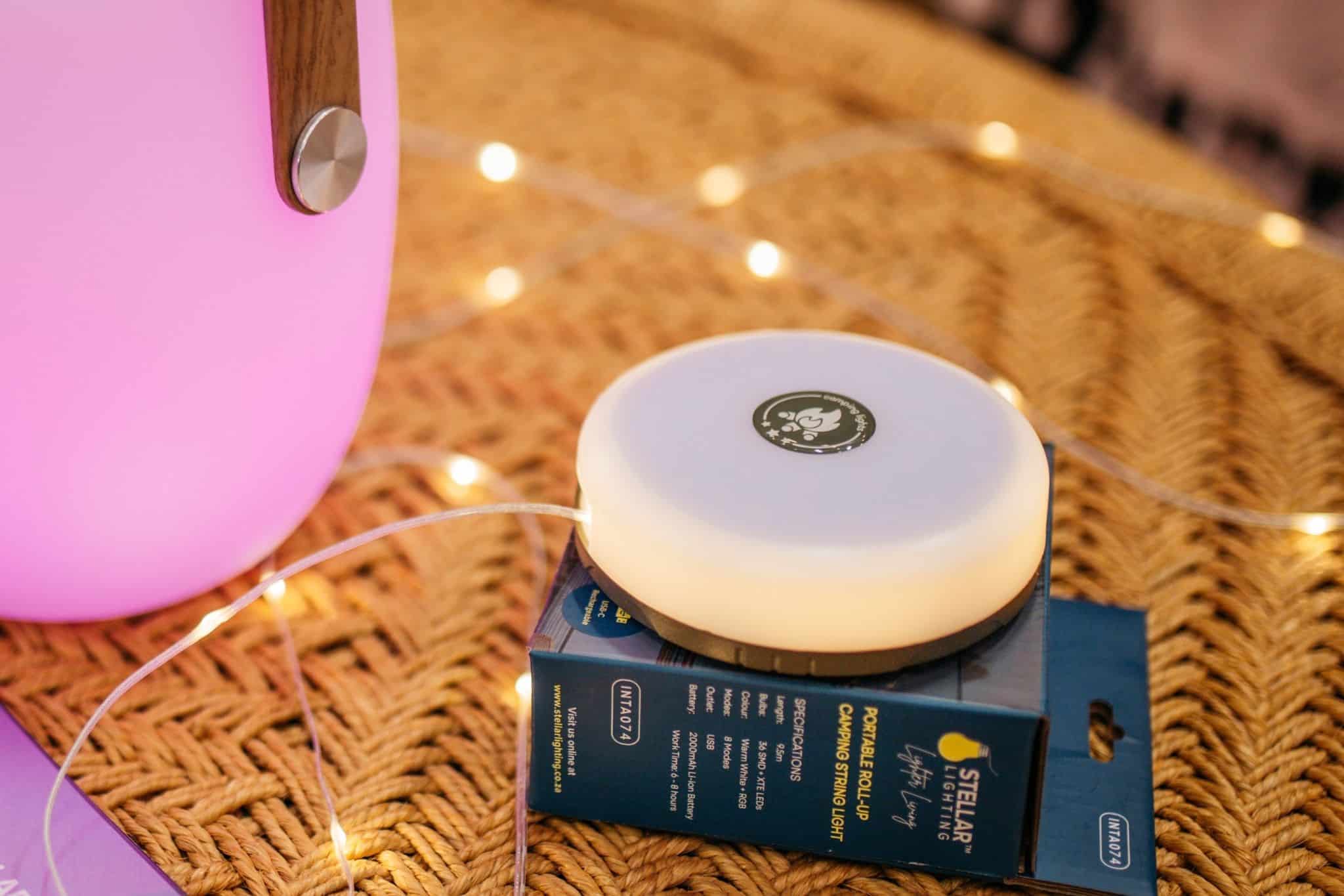 Camping string lights with warm white glow on display at Stellar Lighting’s Decorex stand.