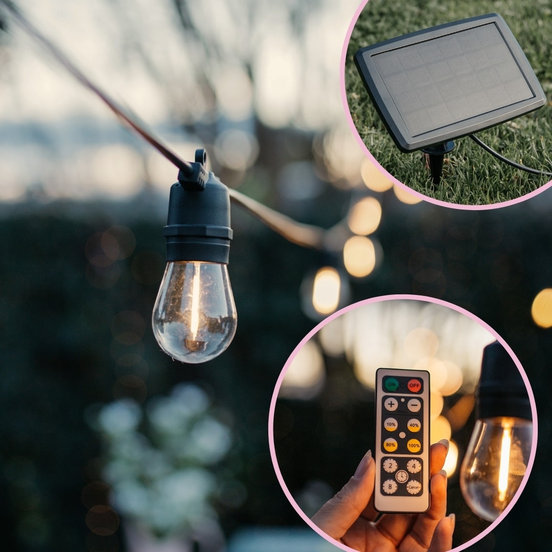 The Garden Glow-Up – Solar Fairy Lights & Festoon Combo Warm white copper wire fairy lights and classic solar festoon string lighting a lush garden path.