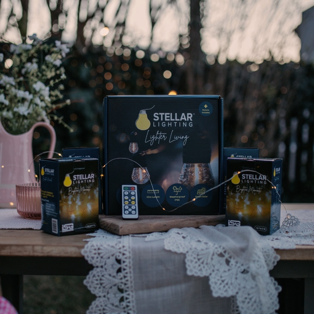 Warm white copper wire fairy lights and classic solar festoon string lighting a lush garden path.