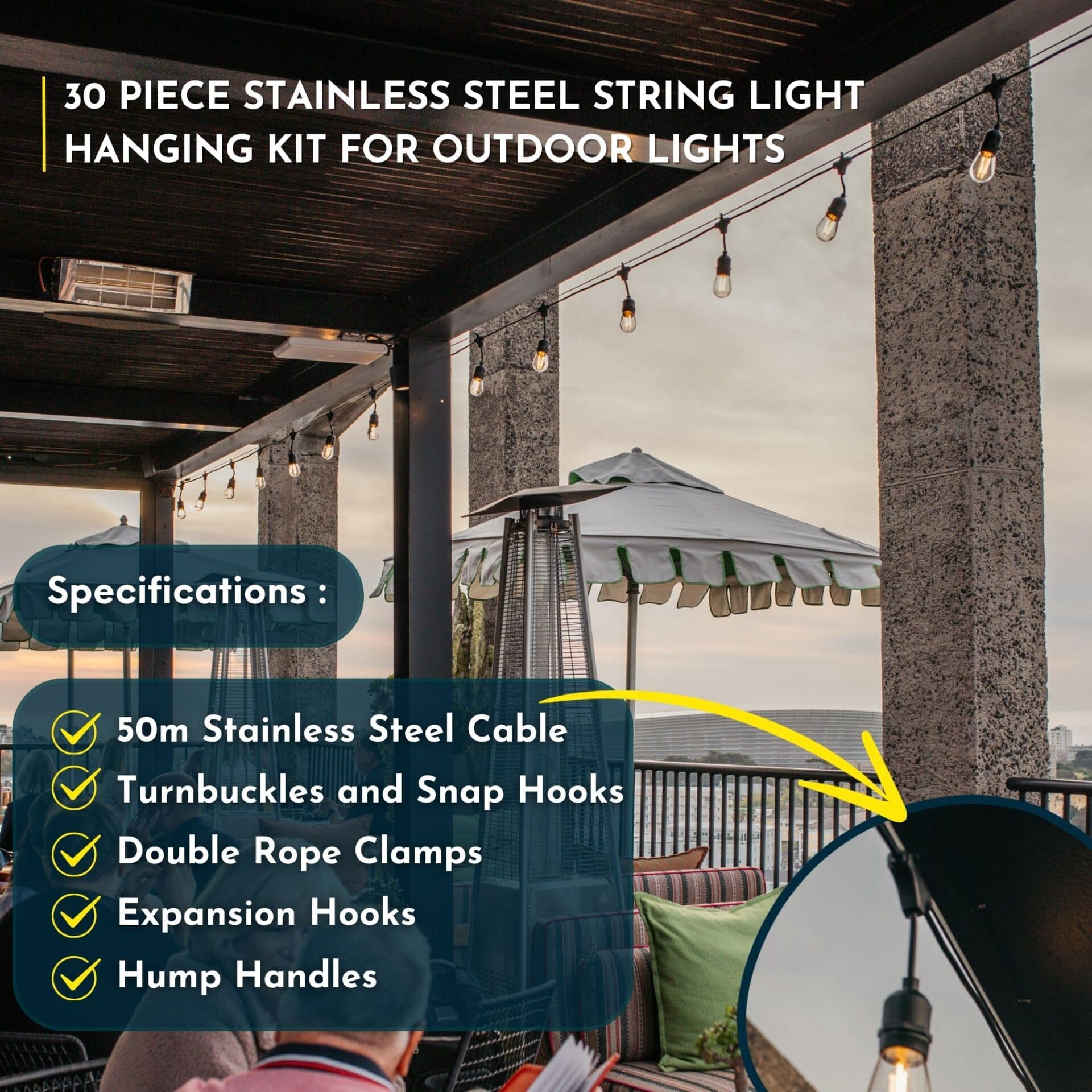 30-piece String Lights Suspension Kit with stainless steel cable and mounting accessories
