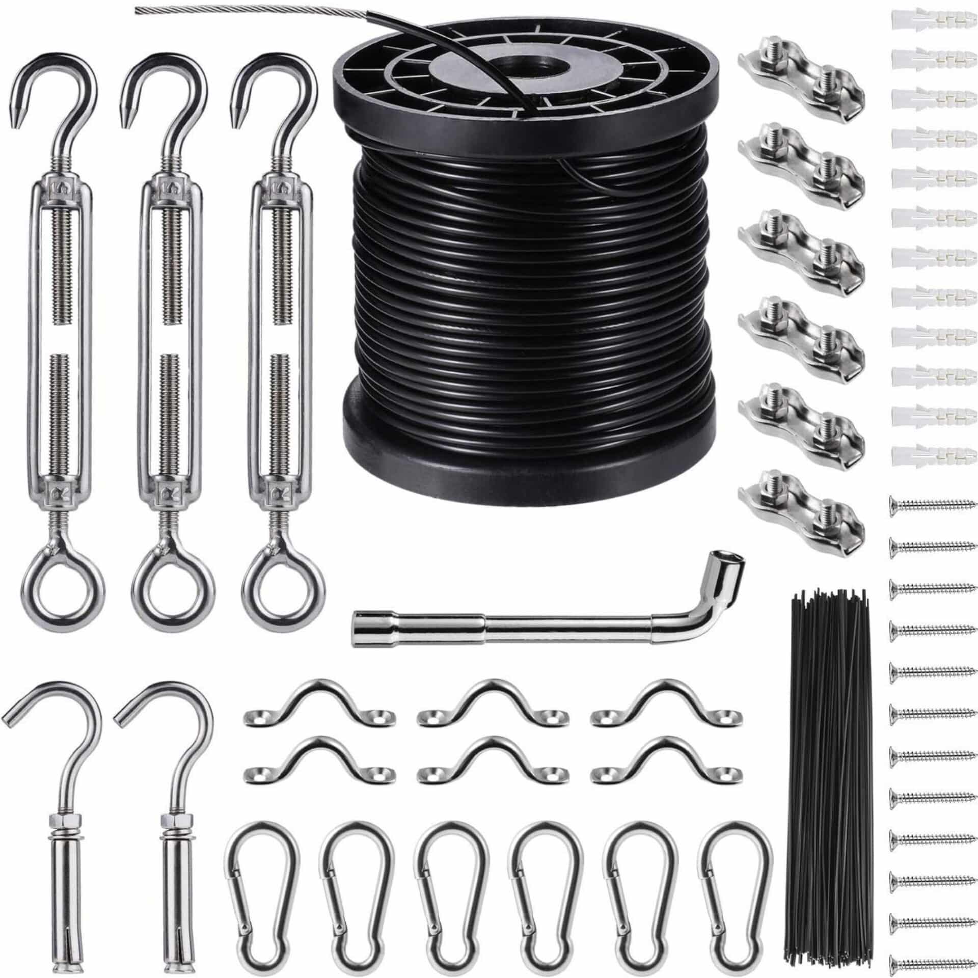 30-piece String Lights Suspension Kit with stainless steel cable and mounting accessories