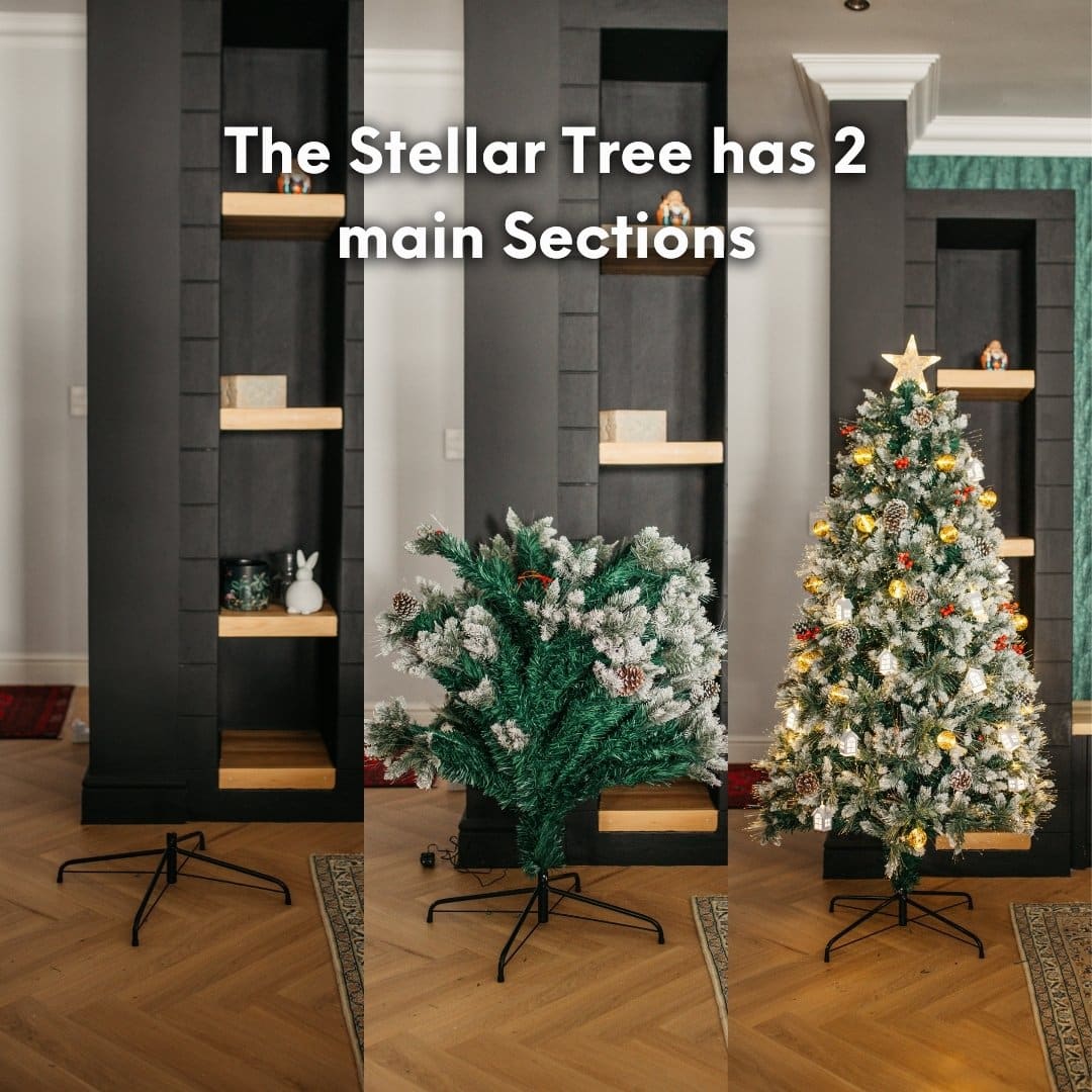 Assembly Stages of the 1.8m Prelit Christmas Tree – Base, Bottom, and Top Sections
