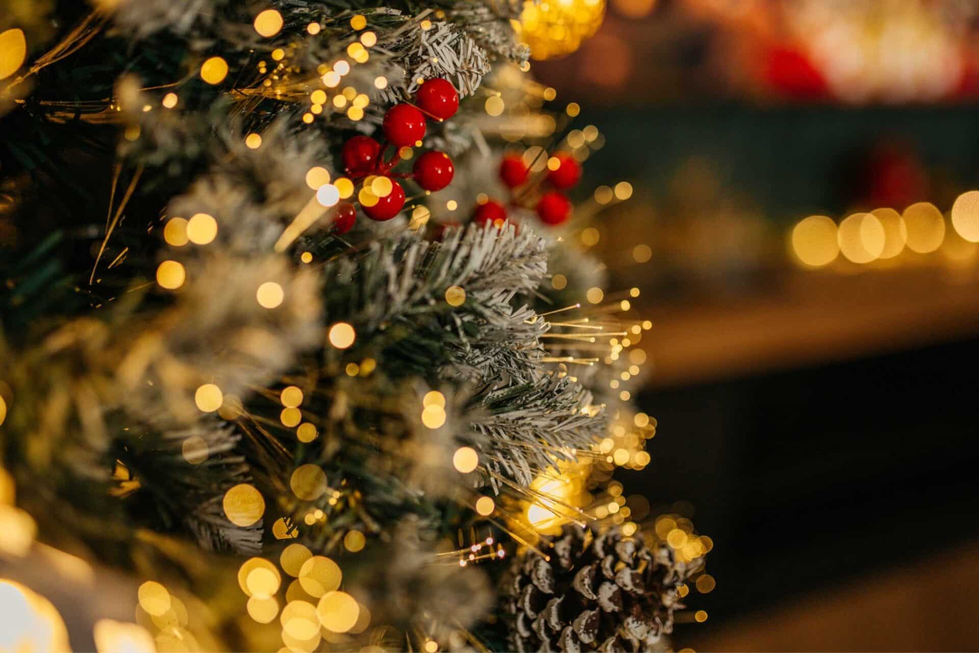 Prelit 1.8m Christmas Tree with warm LEDs, fibre optics, mini houses and gold baubles