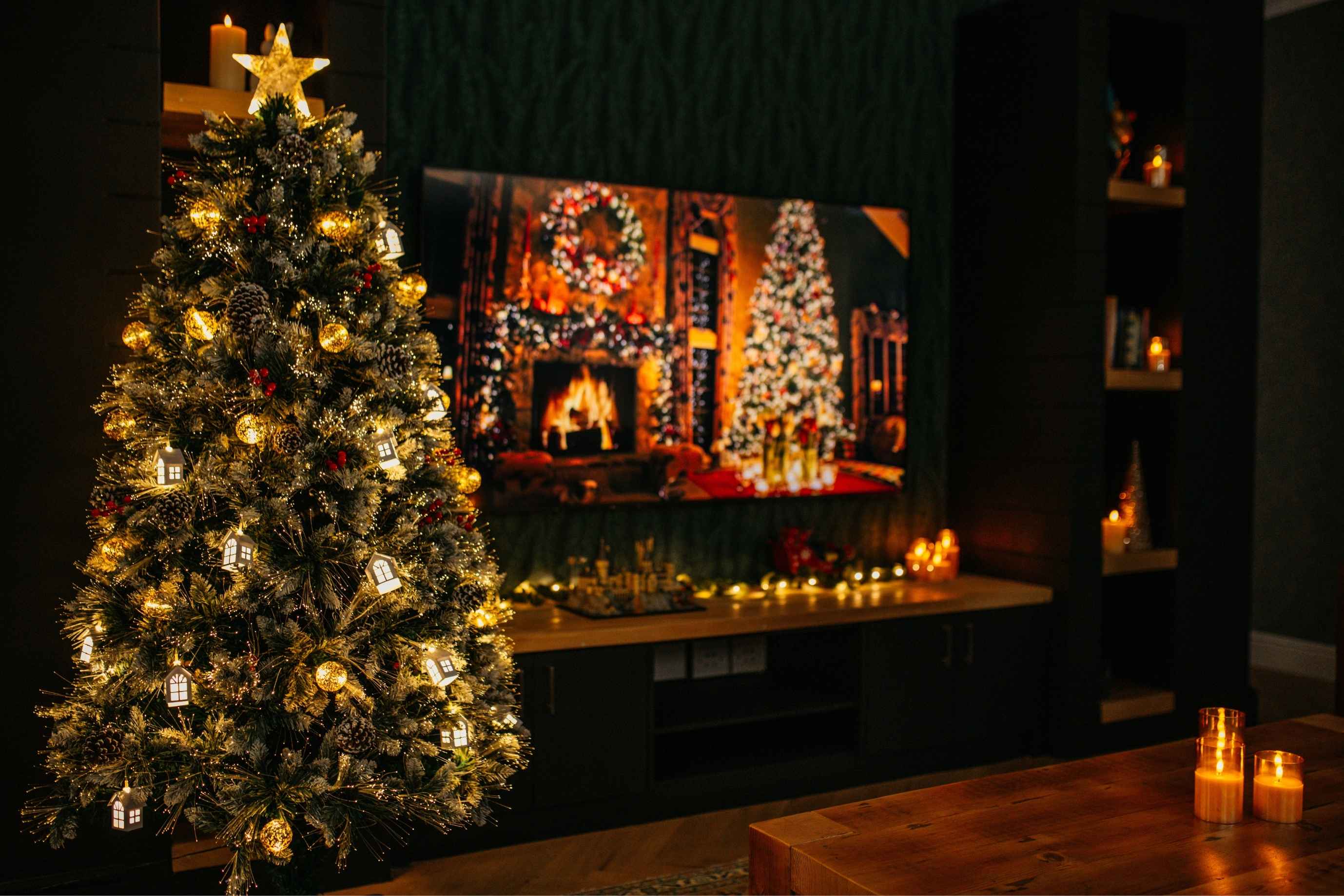 Prelit 1.8m Christmas Tree with warm LEDs, fibre optics, mini houses and gold baubles