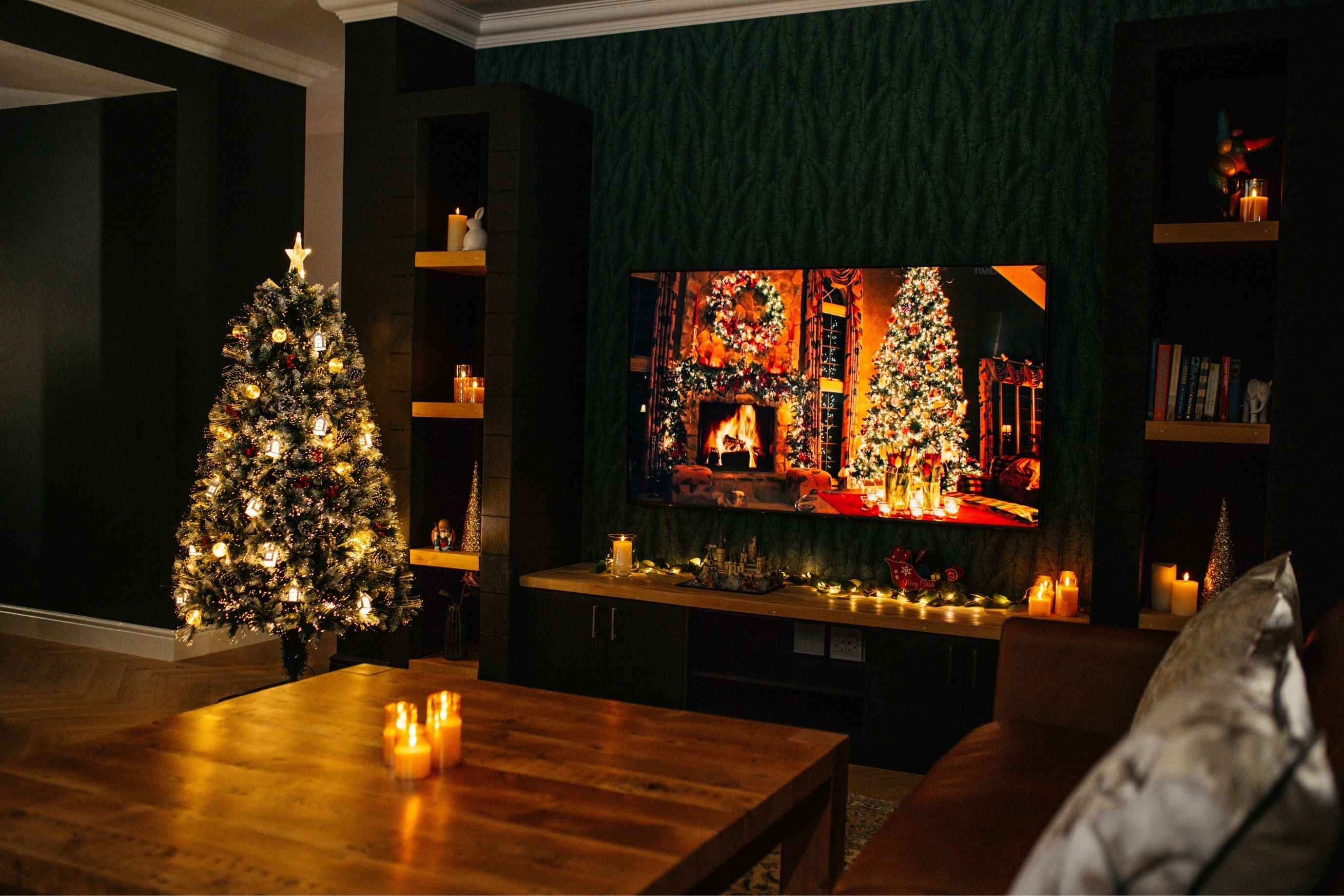 Prelit 1.8m Christmas Tree with warm LEDs, fibre optics, mini houses and gold baubles