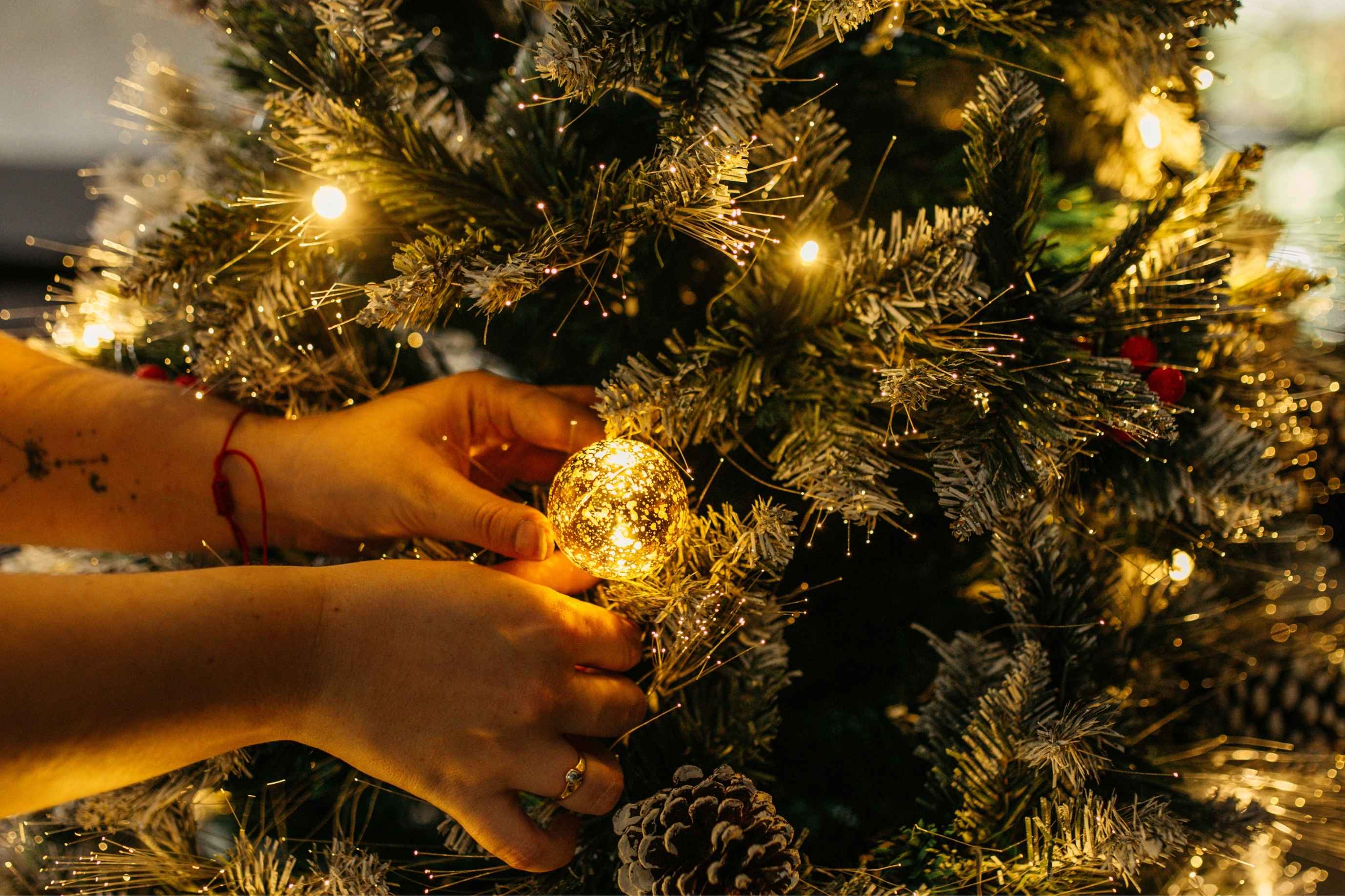 Prelit 1.8m Christmas Tree with warm LEDs, fibre optics, mini houses and gold baubles