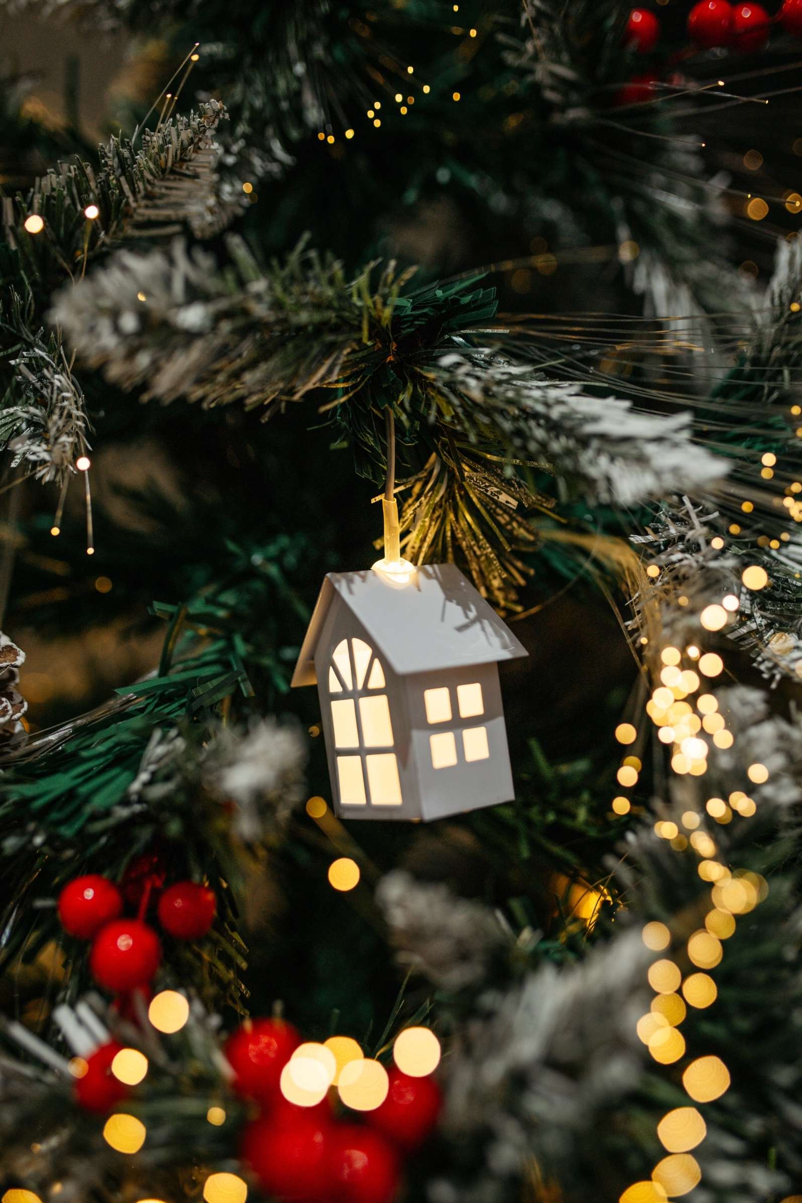 Prelit 1.8m Christmas Tree with warm LEDs, fibre optics, mini houses and gold baubles