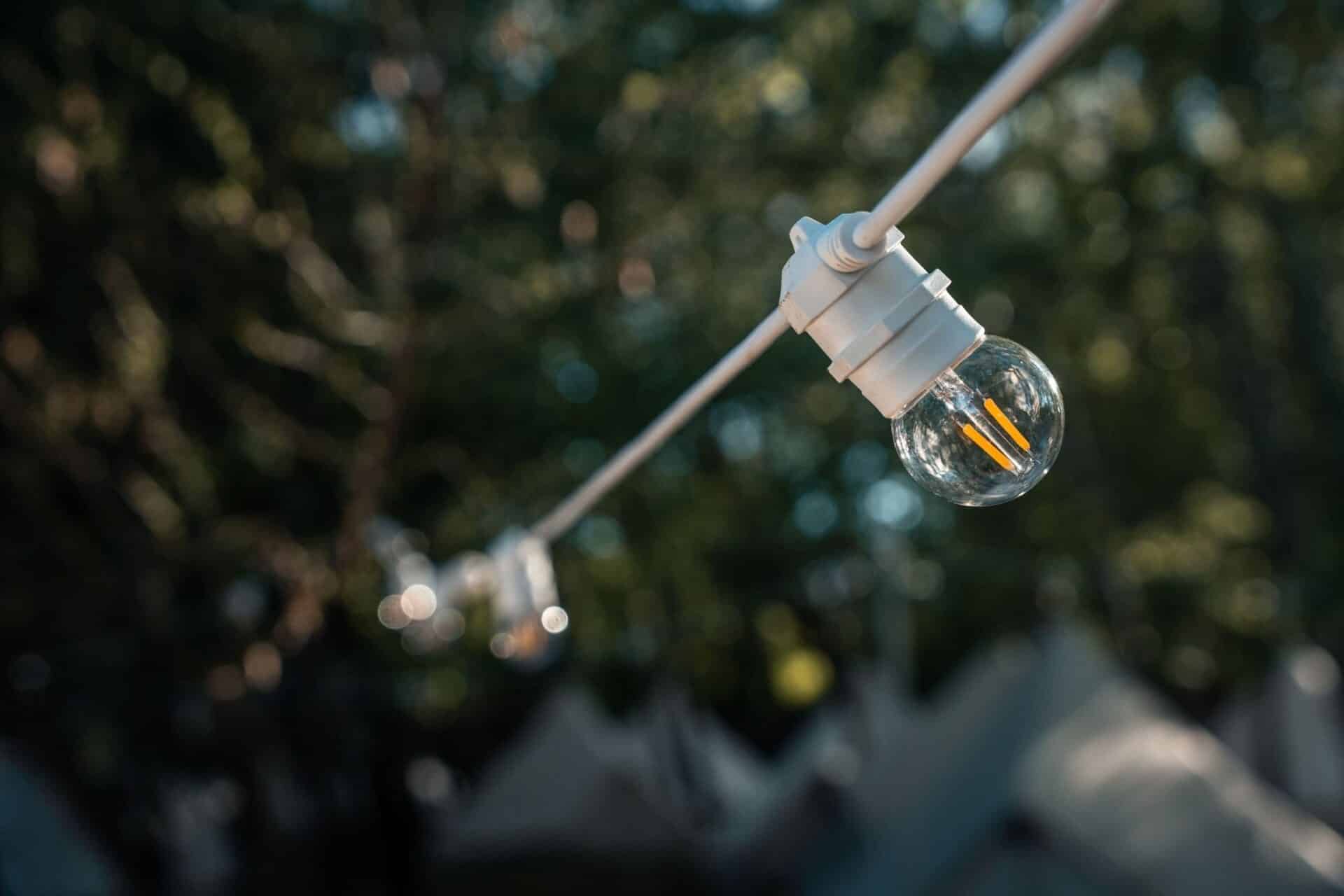 Festoon string lights glowing at Ride the Karoo campsite at sunset