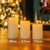 White Real Wax Flameless LED Pillar Candle Set of 3 with remote control on display