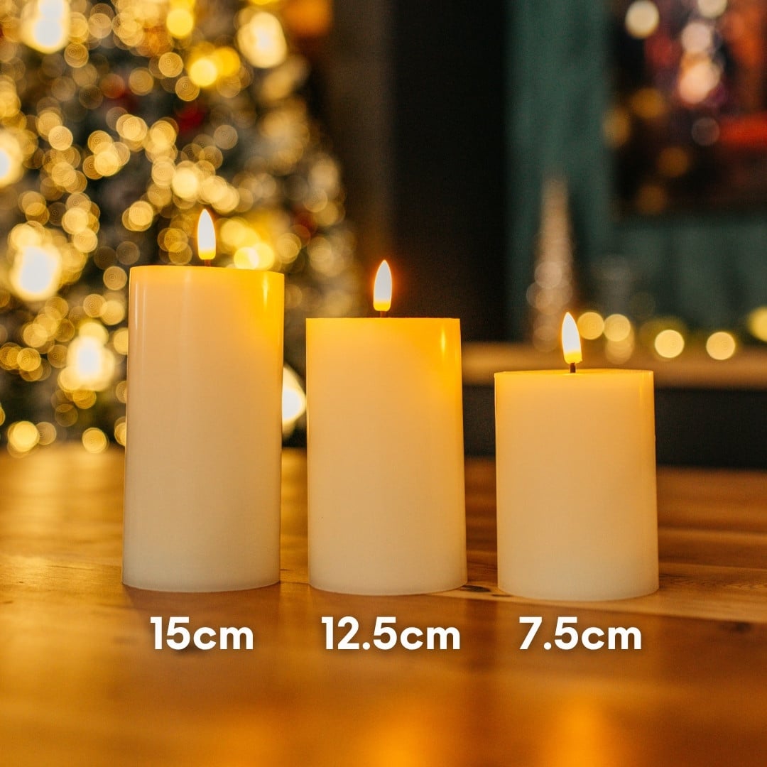 White Real Wax Flameless LED Pillar Candle Set of 3 with remote control on display