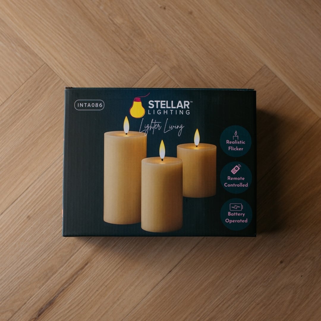 White Real Wax Flameless LED Pillar Candle Set of 3 with remote control on display