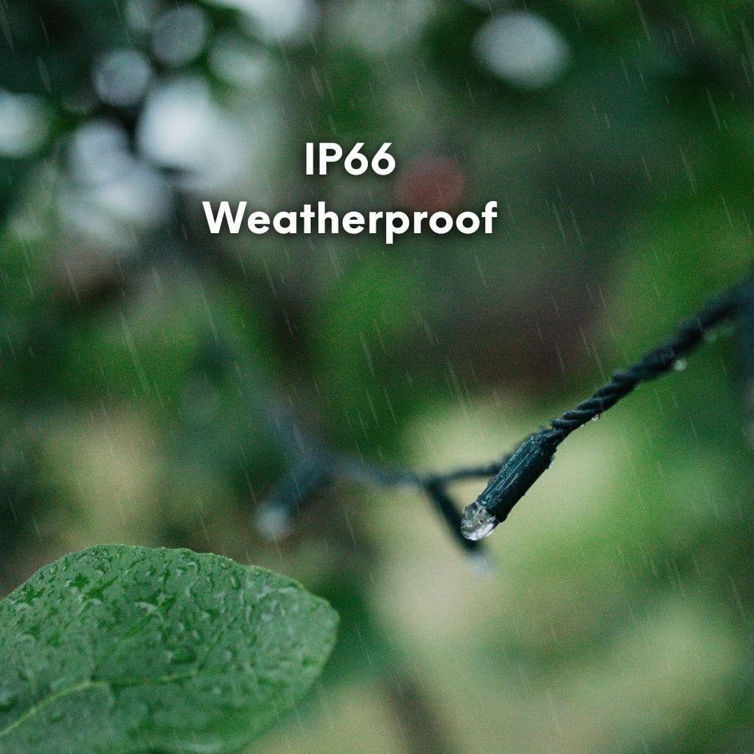 10 m heavy-duty fairy light string with 100 warm white LEDs and 3 m extension lead.